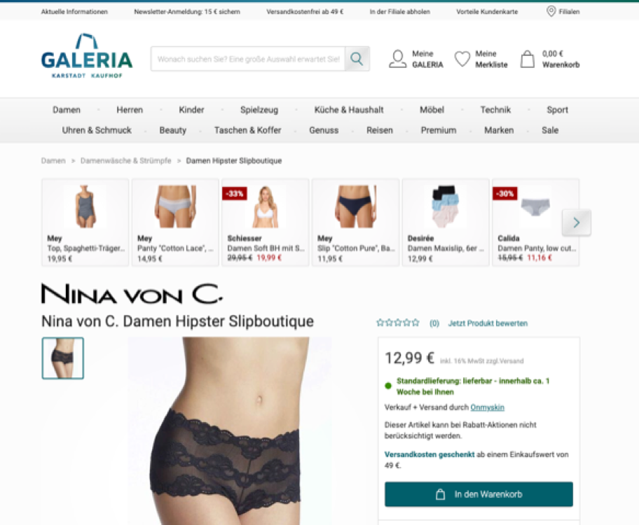 Anzeige alternativer Produkte bei Galeria