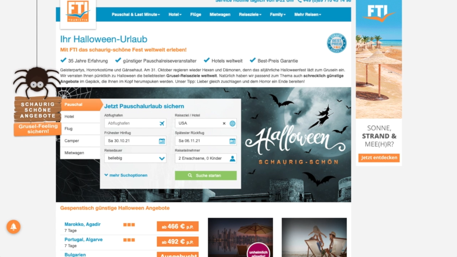 Krabbelnde Spinne macht auf Angebote zu Halloween bei FTI aufmerksam