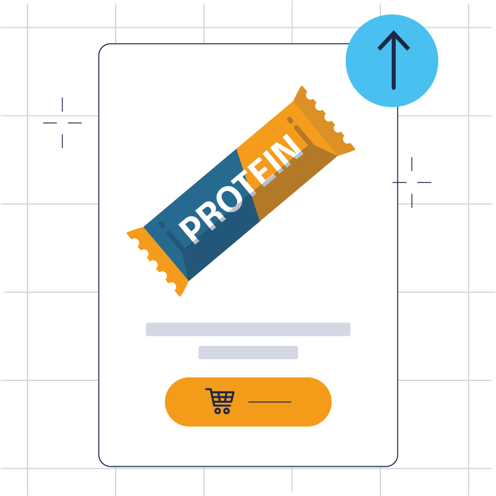 Protein bar product card with an upload icon