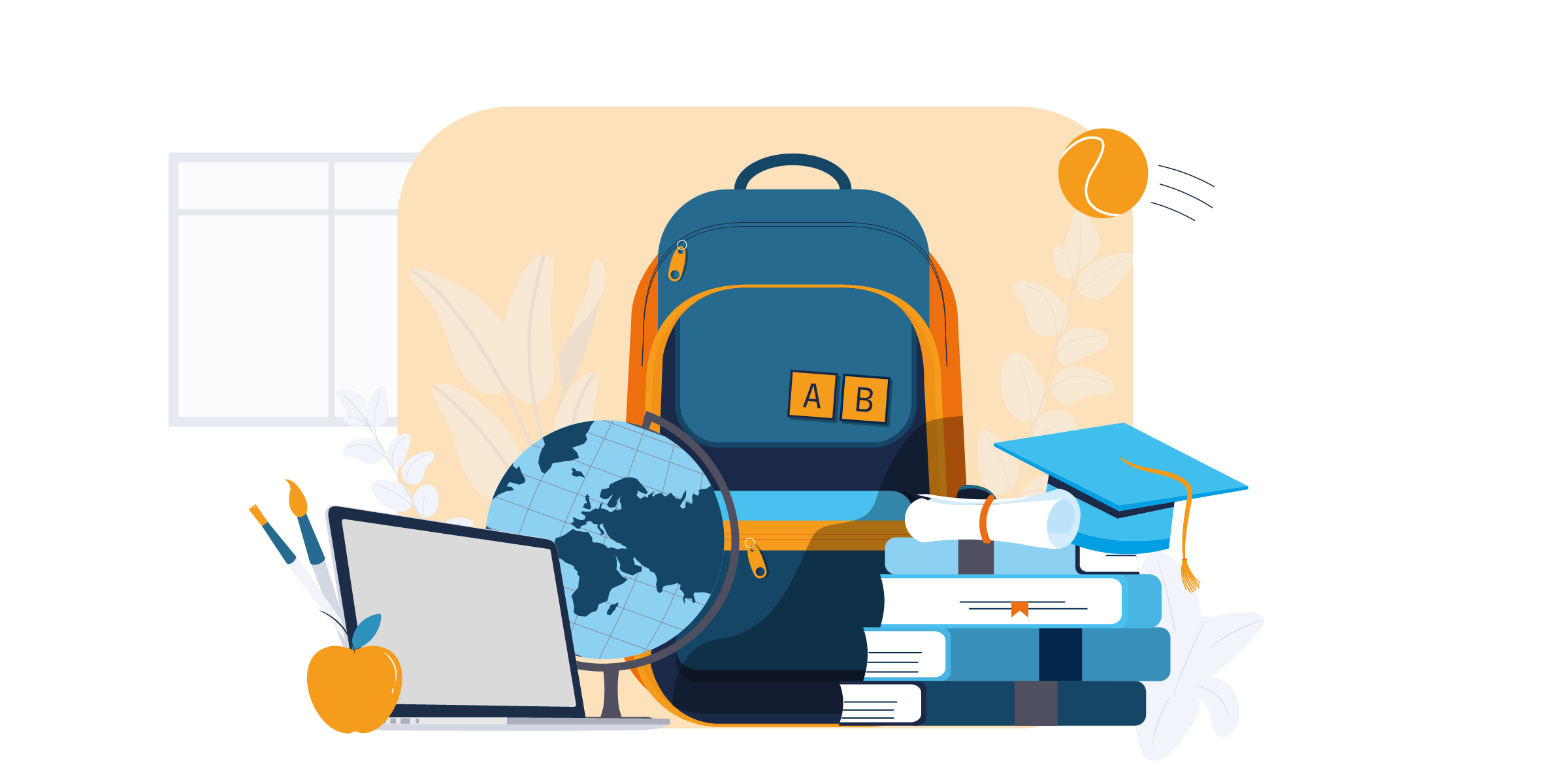 llustration of a blue and orange backpack with a laptop, globe, books, and graduation cap, symbolizing education