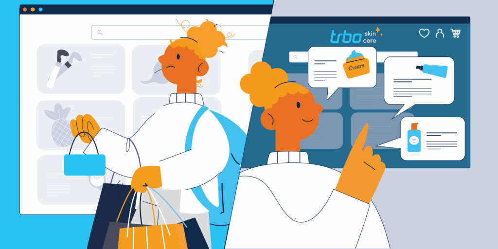 Split image of a frustrated shopper on a cluttered site and a happy shopper on a personalized e-commerce site.