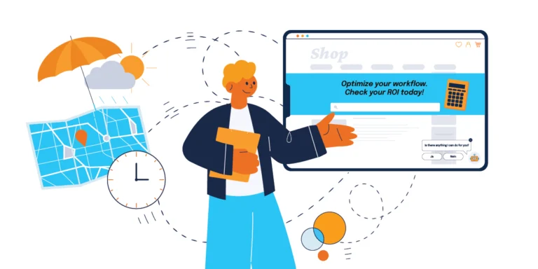 Man presenting a website with text, surrounded by data icons for B2B personalization.