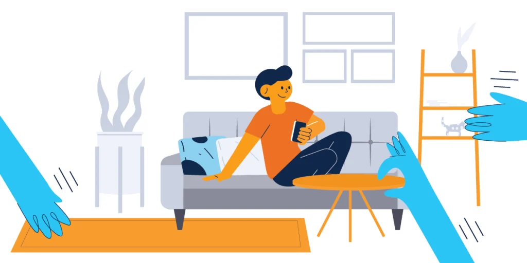 Person auf Couch mit Handy, abstrakte Hände umgeben.