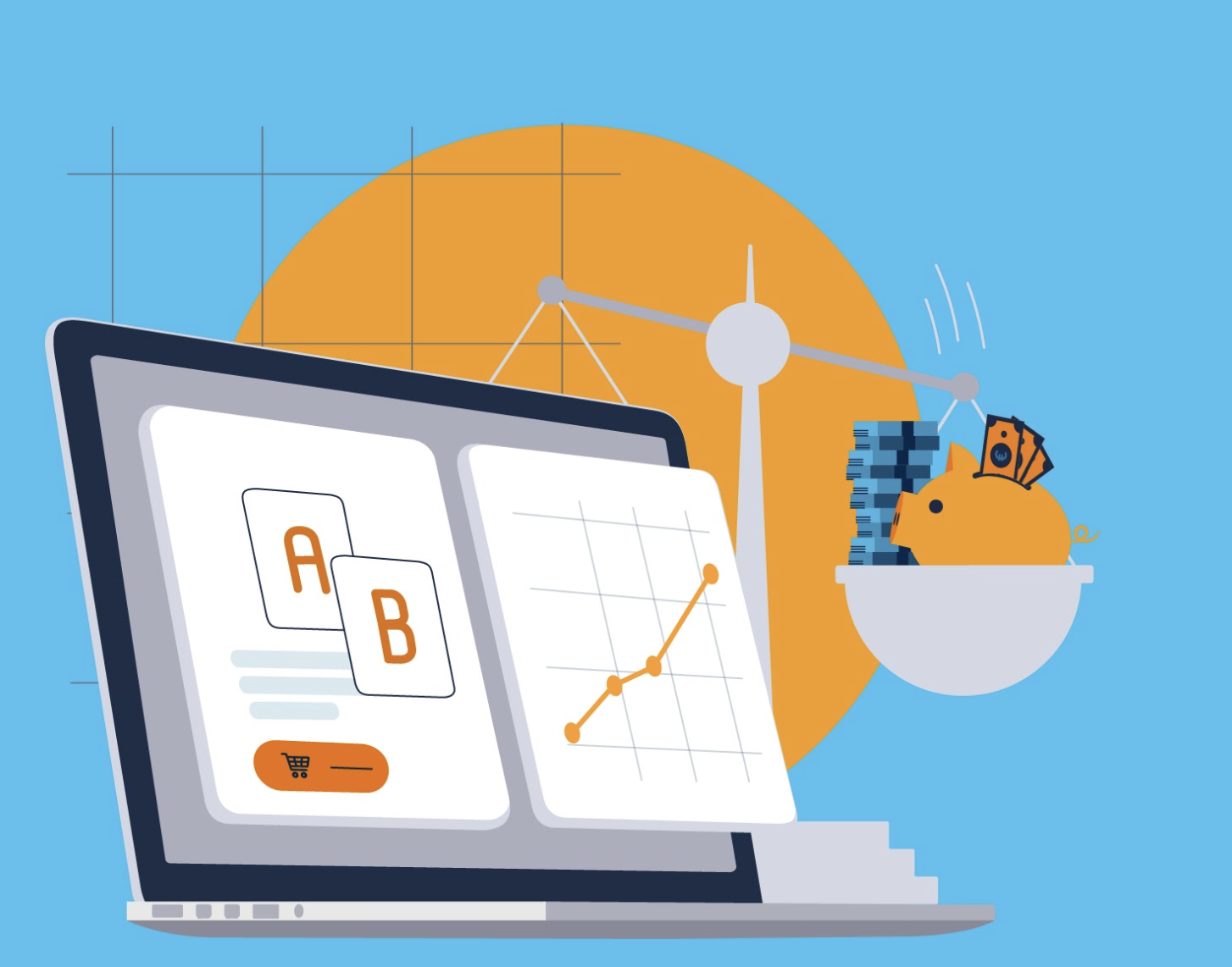 An illustration showing a laptop with an A/B test on the screen. The laptop is on one side of a scale, while the other side holds a piggy bank and stacks of money, representing a balanced approach to testing for profitability
