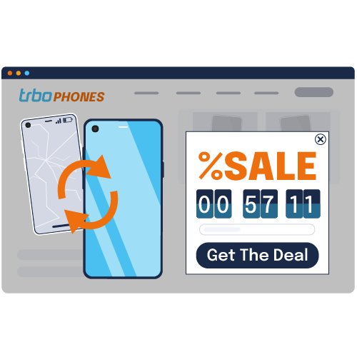 trbo site with countdown sale pop-up and phone trade-in graphic.