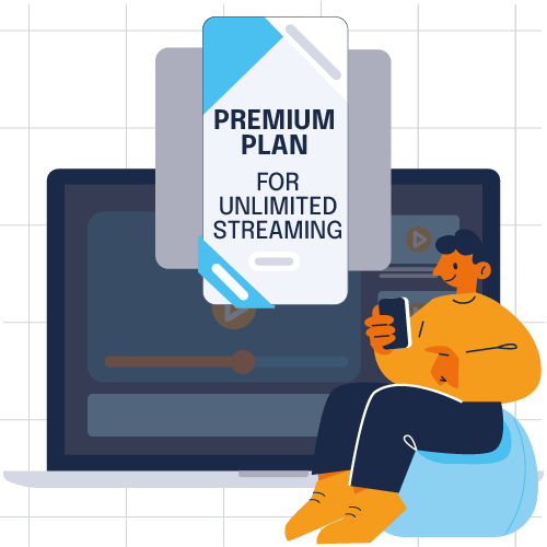 Person on phone with premium streaming plan pop-up on laptop.