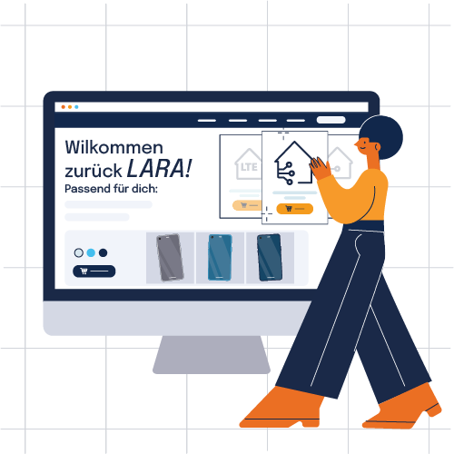 Person an einem Computer mit der Nachricht „Willkommen zurück, LARA!“ und Produktempfehlungen auf dem Bildschirm.