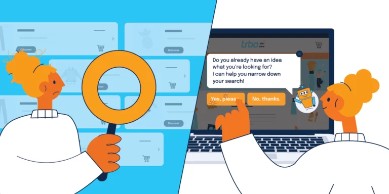 Links: Du bist frustriert beim Shoppen auf einer normalen Website. Rechts: Du bist glücklich, weil der trbo-Chatbot dir hilft.