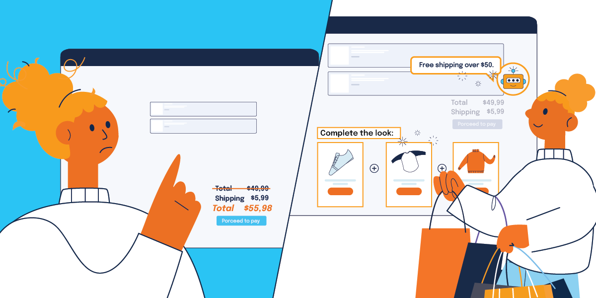 Kunde genervt von hohen Versandkosten, glücklich mit Gratis-Versand-Produktauswahl