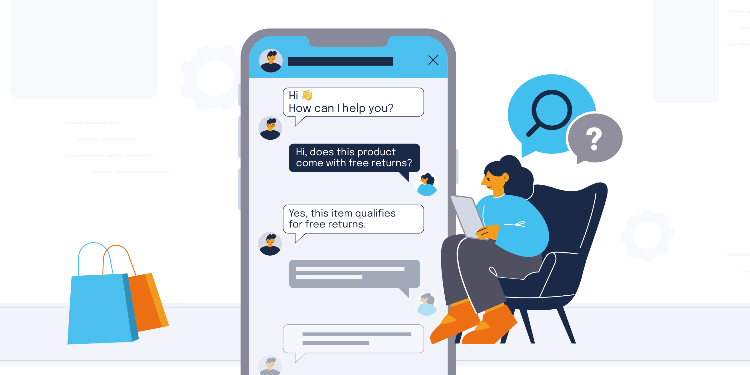 An illustration of a woman using a laptop and interacting with a customer service chatbot on a large smartphone screen.