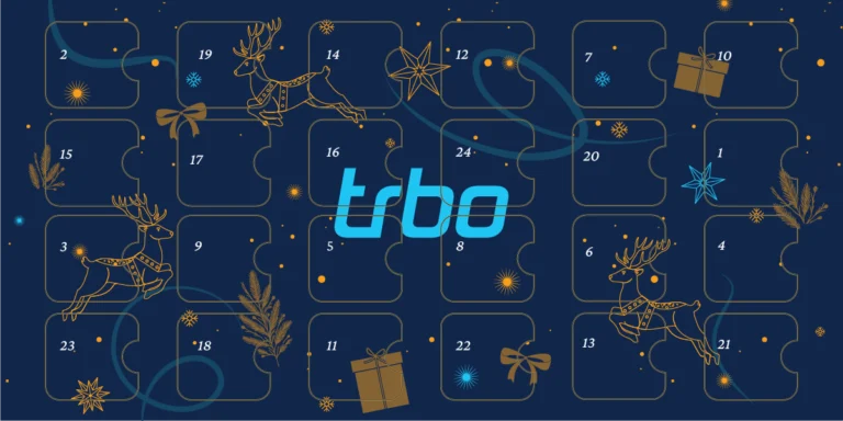 Dark blue Advent calendar grid with gold and light blue festive icons and the trbo logo.