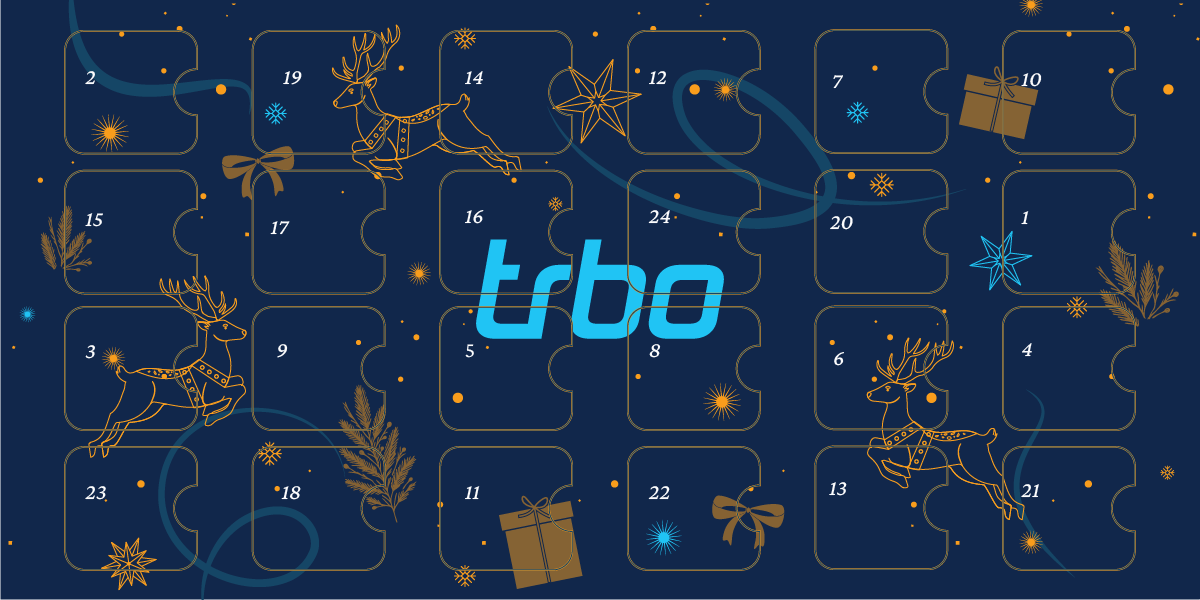 Dark blue Advent calendar grid with gold and light blue festive icons and the trbo logo.