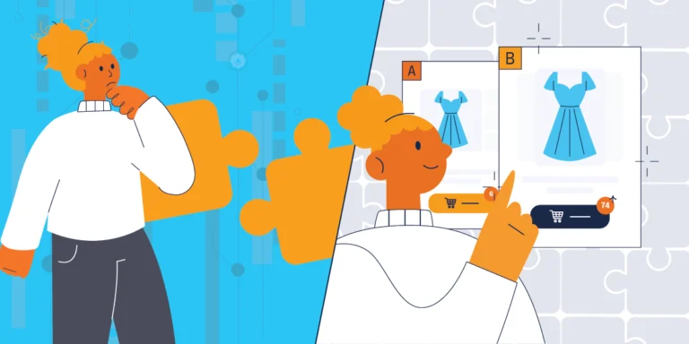 Geteiltes Bild: links eine verwirrte Person mit einem Puzzleteil, rechts dieselbe Person, die zufrieden ein E-Commerce-Design per A/B-Test auswählt.