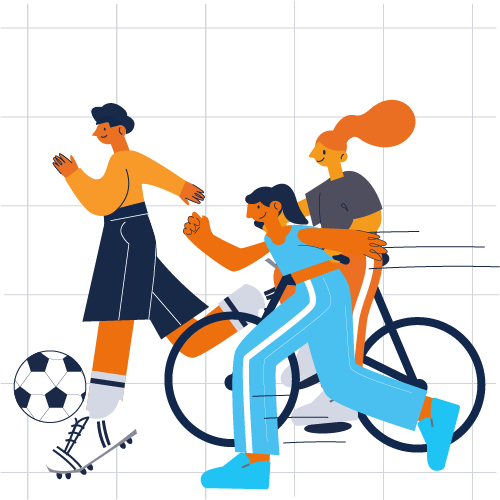 Illustration of three people exercising: running, biking, and playing soccer.