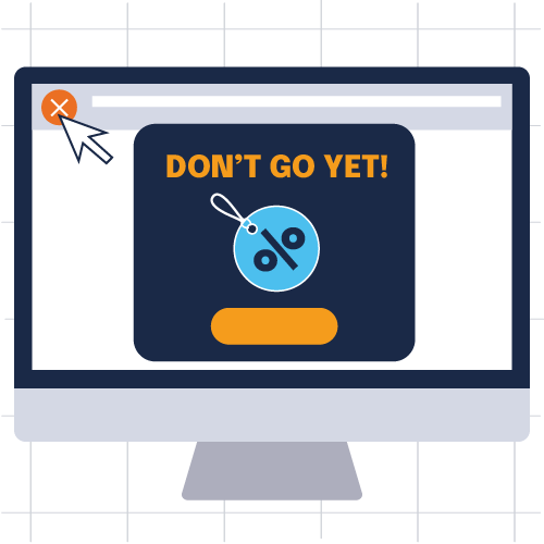 Computer screen with dark blue exit pop-up and discount icon