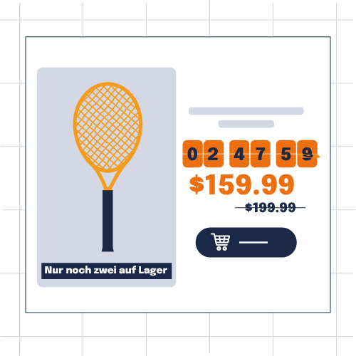 Tennisschläger-Seite mit Countdown, Rabatt und Warnung bei niedrigem Lagerbestand