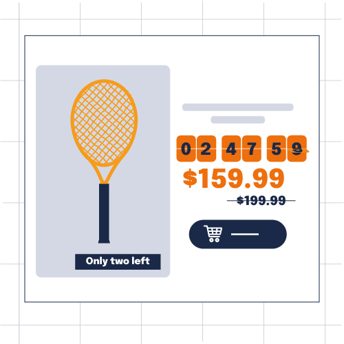 Tennis racket page showing countdown, discount, and low stock alert
