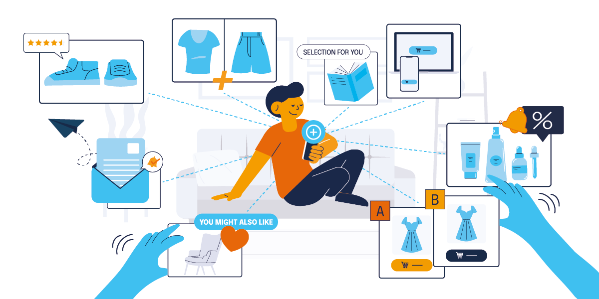 Person surrounded by product recommendations across email, web, and mobile, including cross-sells, reviews, and personalized picks