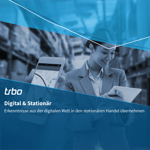 Cover image for trbo resource 'Digital & Stationär,' featuring a woman with a tablet and smartphone in a warehouse.