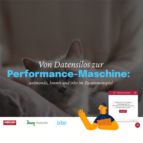 Title image for 'Von Datensilos zur Performance-Maschine' with a cat, waving cartoon, chatbot message, and logos.