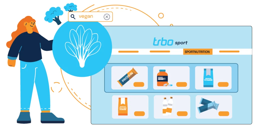 Woman searching “vegan” on a sports nutrition site, showing vegan protein bars and vitamins.