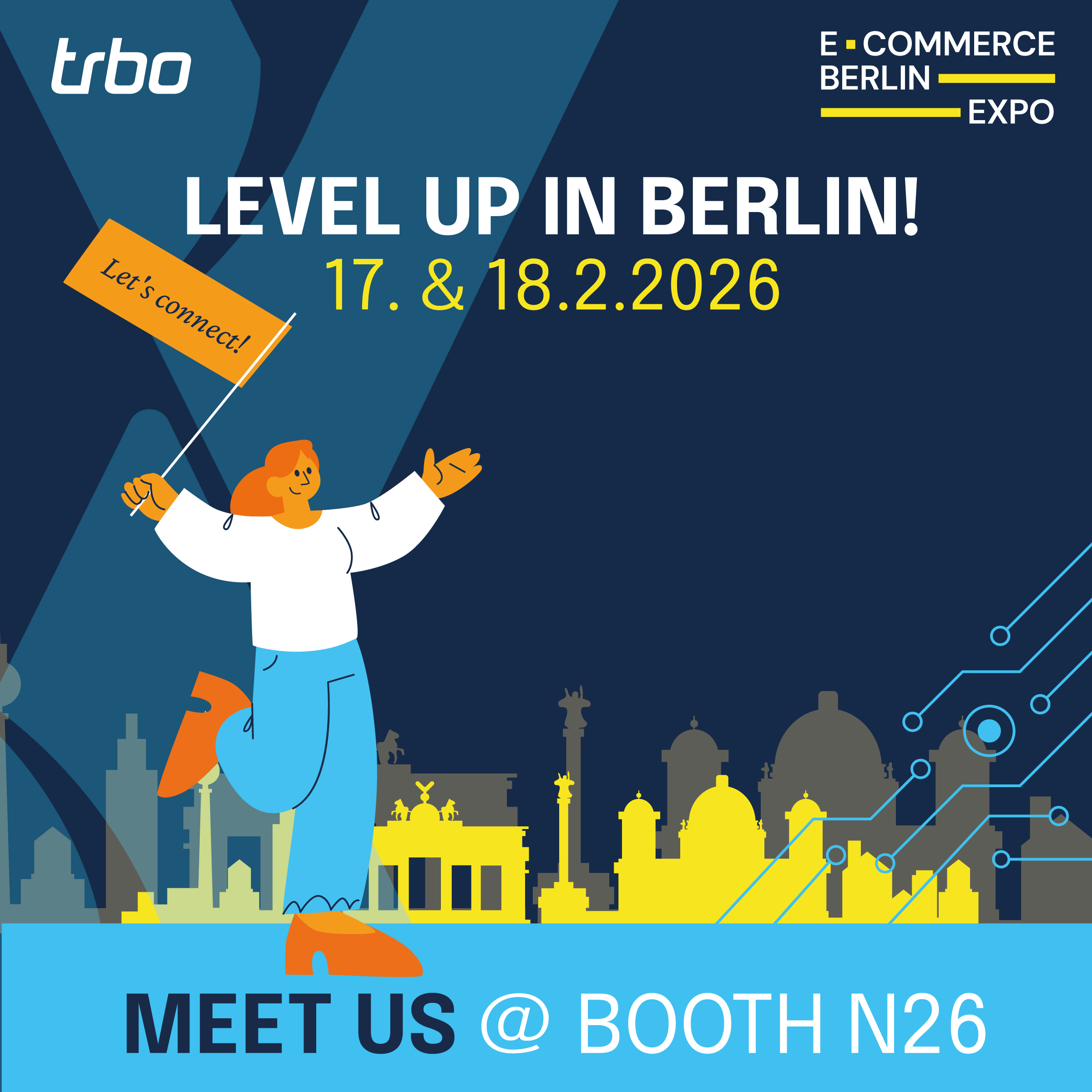 Promotional graphic for trbo at E-Commerce Berlin Expo in Berlin
