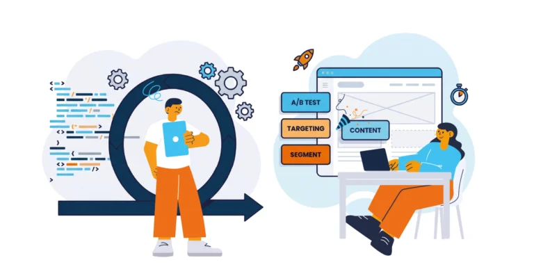 Comparative illustration of two workflows: on the left, a person looks overwhelmed by complex code and gears; on the right, a person happily manages a website using simple "A/B Test," "Targeting," and "Segment" tools.