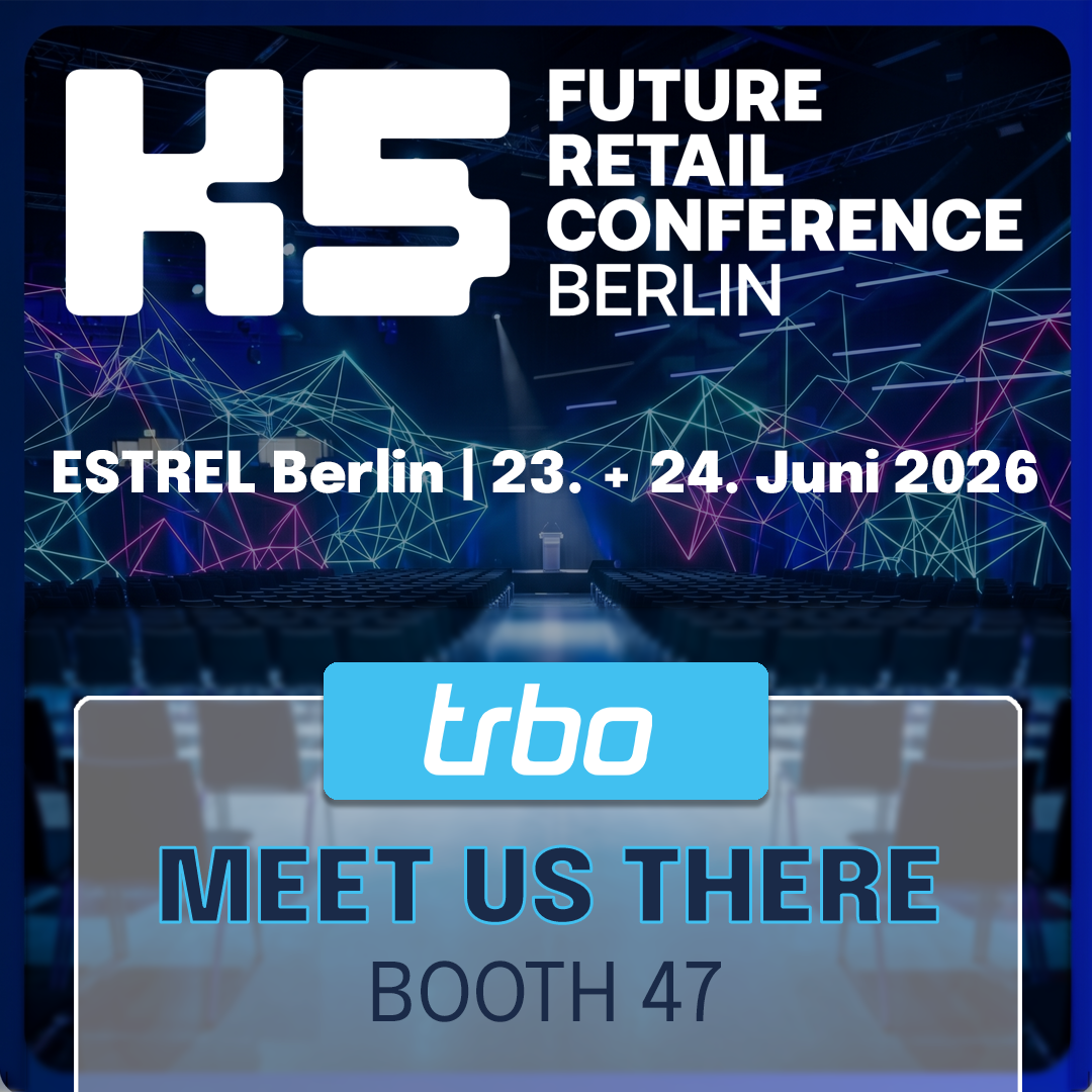 A promotional graphic for the K5 Future Retail Conference 2026 in Berlin, inviting attendees to meet trbo at Booth 47 on June 23 and 24.
