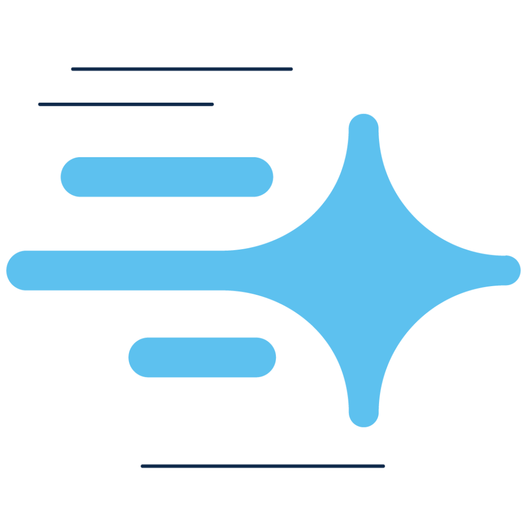 A light blue four-pointed star icon with horizontal speed lines, symbolizing fast AI generation or automation.