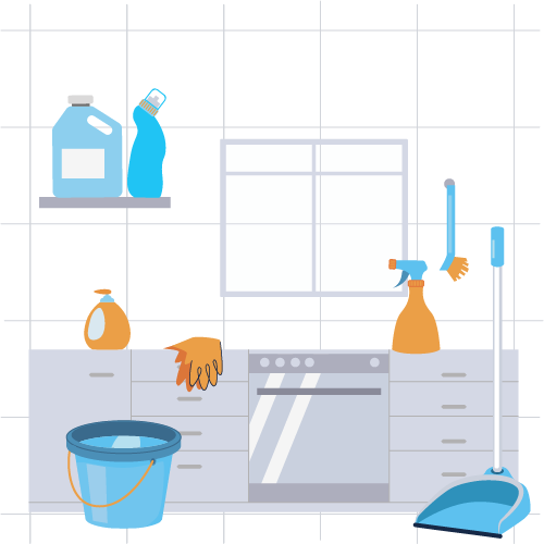 Kitchen environment filled with various cleaning products, supplies, and tools