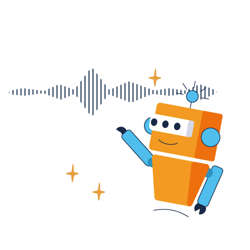 Friendly robot interacting with an audio sound wave graphic