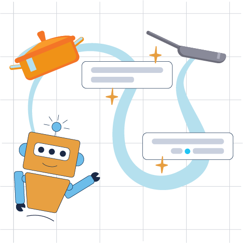 Friendly robot guiding a path connected to cooking pots and abstract chat bubble graphics