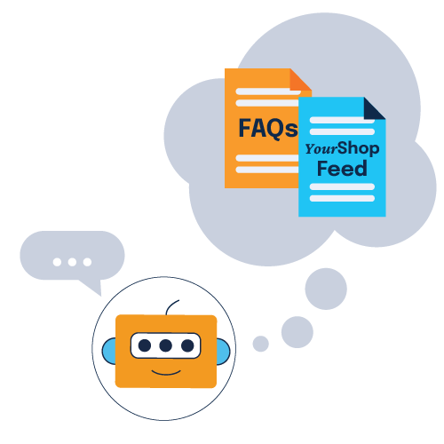 Friendly robot thinking about documents labeled FAQs and YourShop Feed