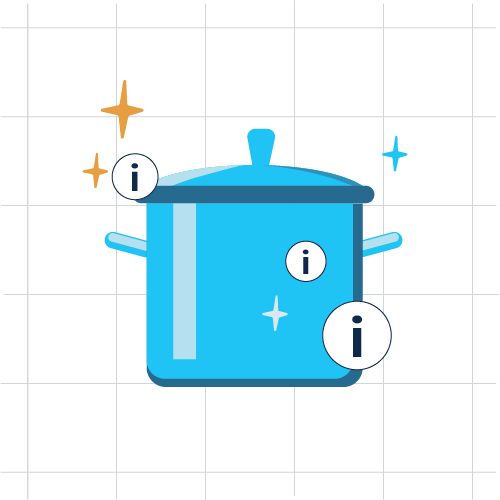 Clean blue cooking pot graphic with multiple information icons and sparkles
