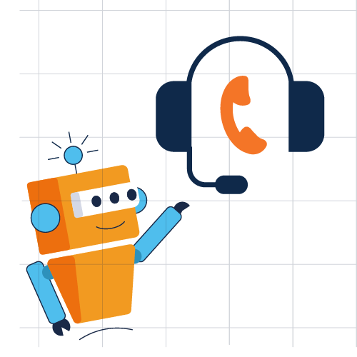 Friendly robot pointing toward customer support headset and phone icons