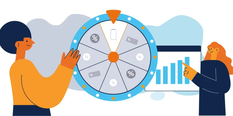 Two people analyzing a gamified prize wheel and a growing bar chart for personalization analytics.