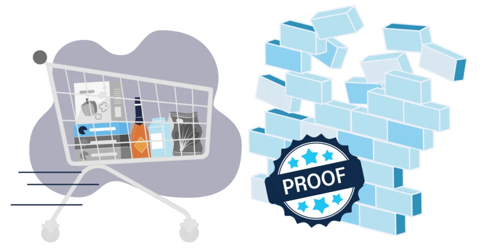 Shopping cart filled with groceries breaking through a brick wall with a PROOF seal