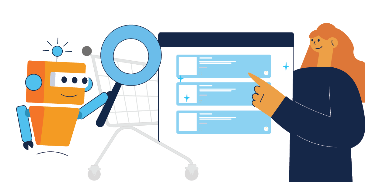 Illustration of an AI robot with a magnifying glass assisting a shopper on an e-commerce interface.