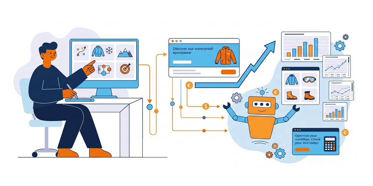 Man managing e-commerce workflow and AI automation driving growth and data analytics graphs