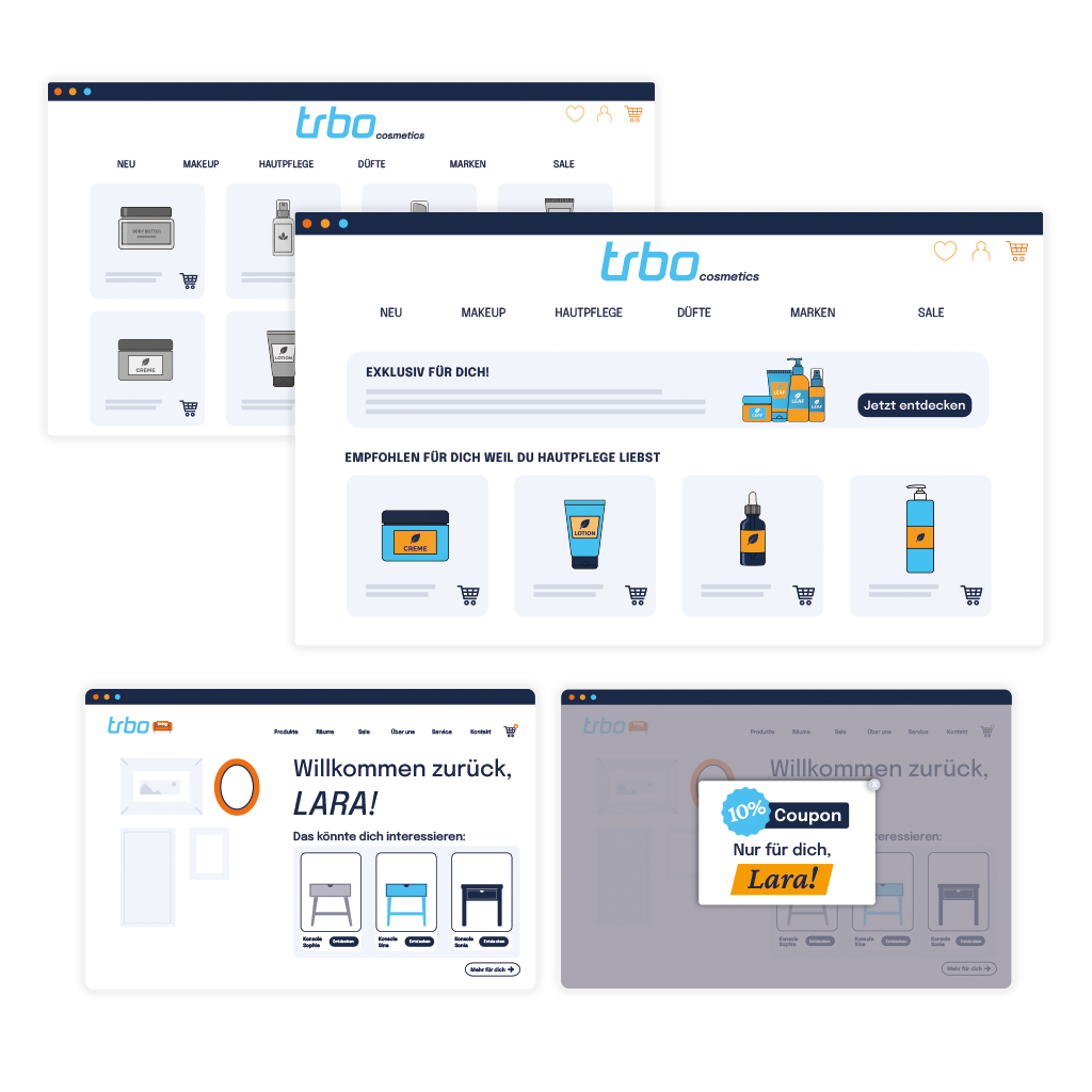 Personalized product recommendations, banners, and landing pages.